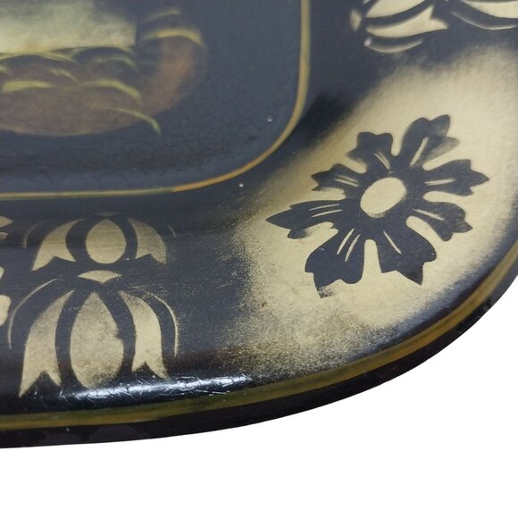 Vintage Metal Toleware Tray Woman Feeding Swan Black Gold Mid-Century Hand Paint - Picture 4 of 9